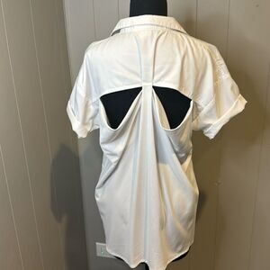 Nuj Novakhett white tech fabric open keyhole draped back button front long shirt